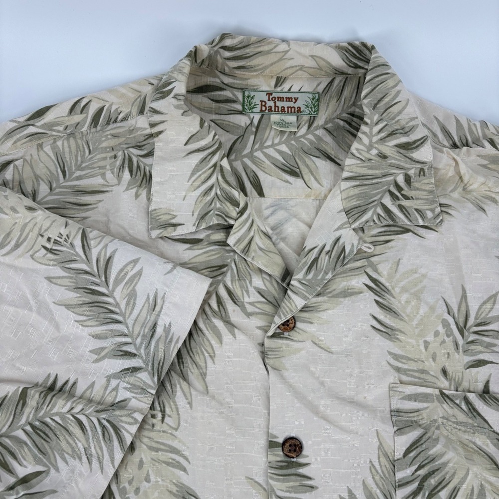 Tommy Bahama Mens XL Silk Camp Shirt Palm Leaf Jacquard Texture Cream Sage Green